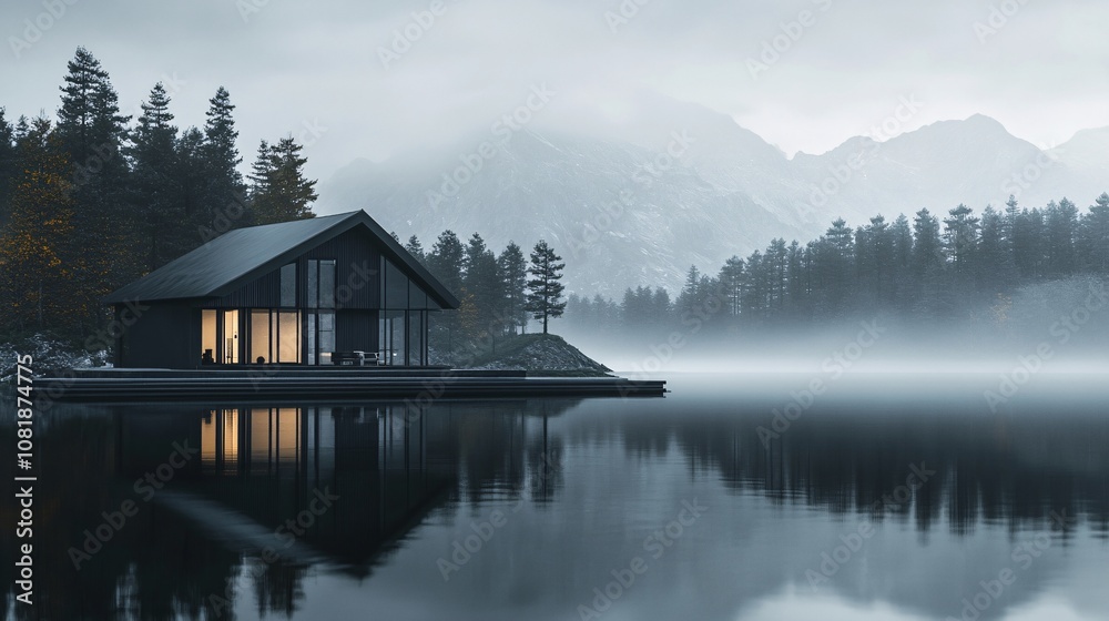 A realistic black house by a serene lake with a mountain backdrop A realistic black house by a serene lake with a mountain backdrop