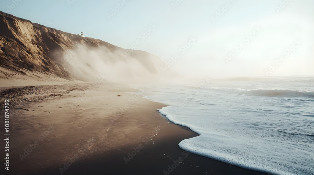 Fototapeta premium serene rocky beach with gentle waves, mist rolling in from ocean, and distant lighthouse. tranquil atmosphere invites relaxation and reflection