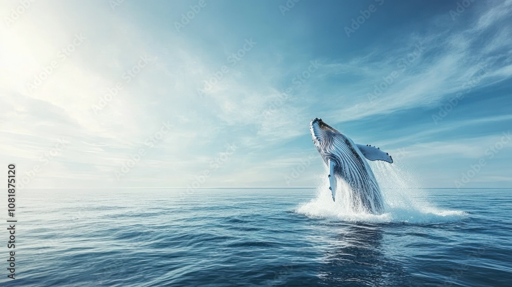 Fototapeta premium A Humpback Whale Leaps from the Ocean Under a Blue Sky