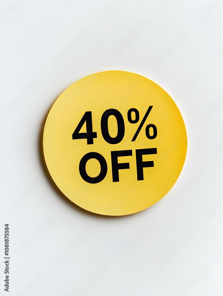 Black '40% OFF' Text on a Yellow Round Paper Note. White Background Black '40% OFF' Text on a Yellow Round Paper Note. White Background