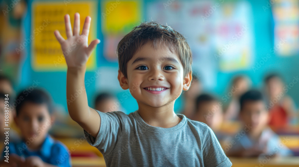 Smiling asian boy raising hand in classroom during morning lesson Smiling asian boy raising hand in classroom during morning lesson