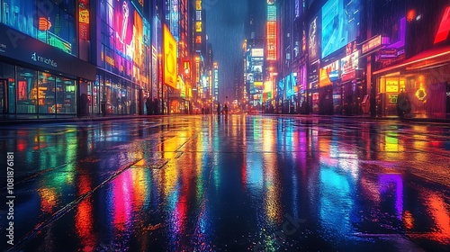 Cyberpunk-inspired futuristic cityscape with rainbow neon lights, tall buildings glowing in multiple colors, wet streets enhancing reflections, vibrant and energetic atmosphere,