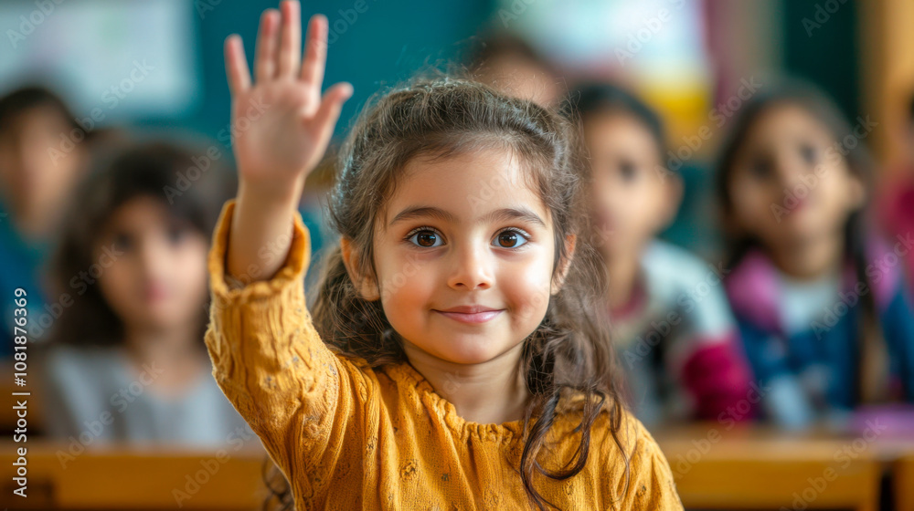 Smiling girl with classmates raising hand in cheerful classroom setting Smiling girl with classmates raising hand in cheerful classroom setting