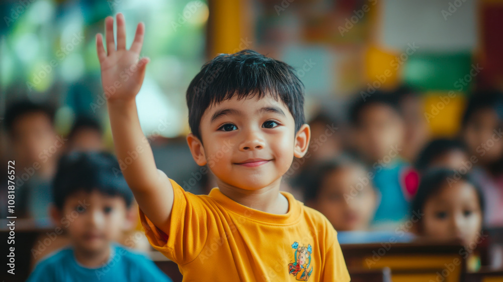 Smiling southeast asian boy raising his hand in a classroom setting Smiling southeast asian boy raising his hand in a classroom setting