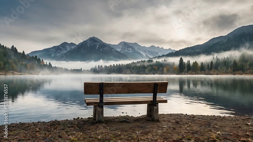 A wooden bench sits alone by a tranquil lake with mist-covered mountains in the distance