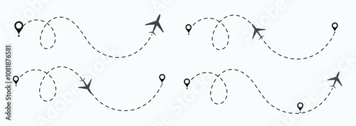  plane flight route. Airplane travel concept, symbol on isolated background.