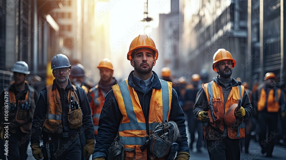 Fototapeta premium A group of male construction workers in helmets and vests walking through a city street at sunset.