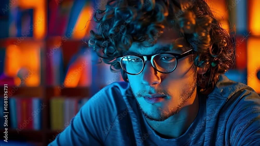 A young man with curly hair and glasses is focused on a computer screen, surrounded by colorful lighting and books. A young man with curly hair and glasses is focused on a computer screen, surrounded by colorful lighting and books.