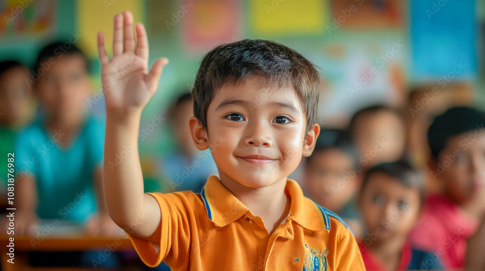 Southeast asian boy smiling and raising hand in classroom setting, eager to participate Southeast asian boy smiling and raising hand in classroom setting, eager to participate