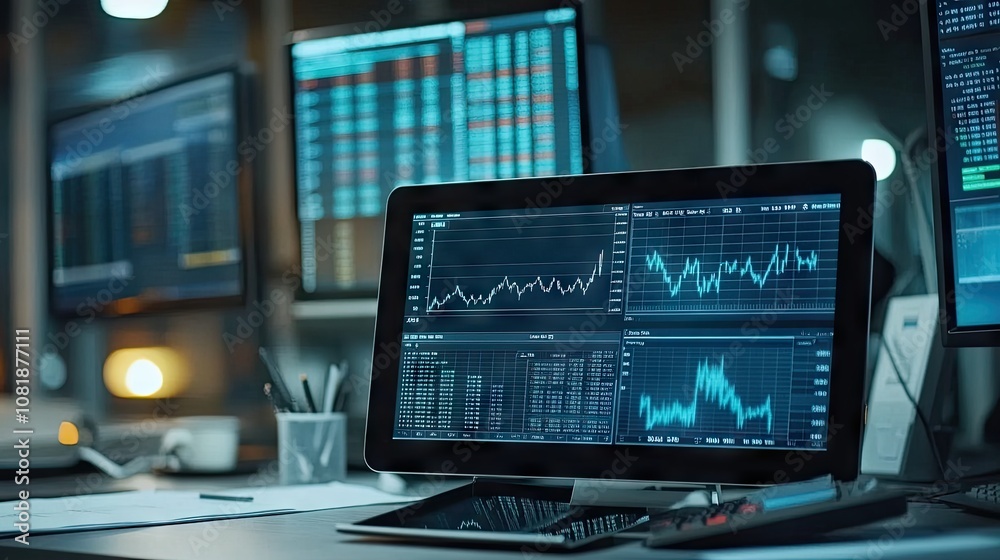 A modern workspace featuring multiple monitors displaying financial graphs and data analysis, creating a high-tech ambiance.