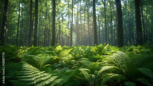 Sunbeams illuminate a lush forest floor with ferns.