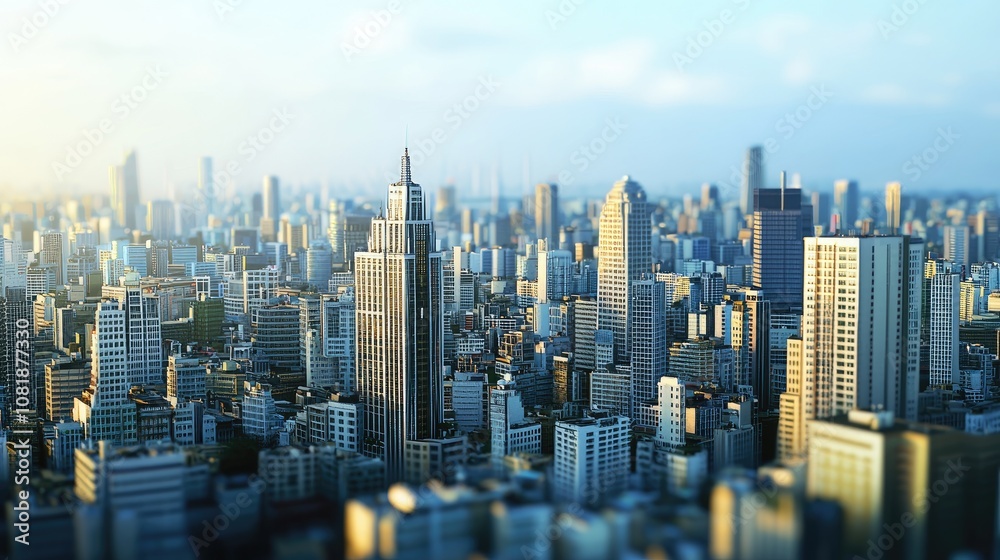 Obraz premium A vibrant city skyline featuring skyscrapers under a bright blue sky.