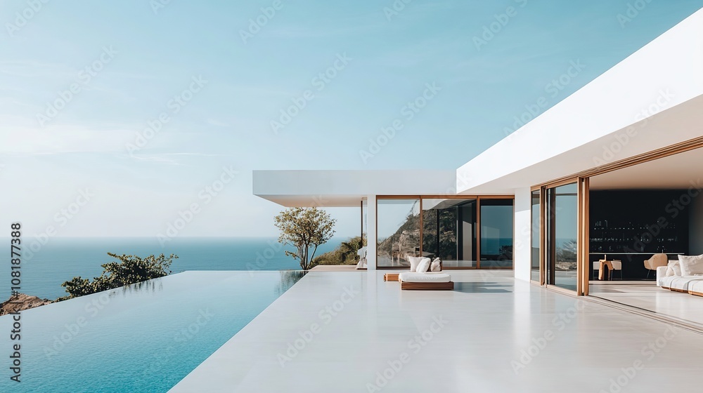 Fototapeta premium An elegant beach villa with minimalist aesthetics offers sweeping ocean views and clear skies covered in white clouds