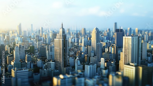 A vibrant city skyline featuring skyscrapers under a bright blue sky.