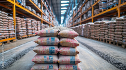 Stacked cement bags in warehouse aisle for industrial construction supply