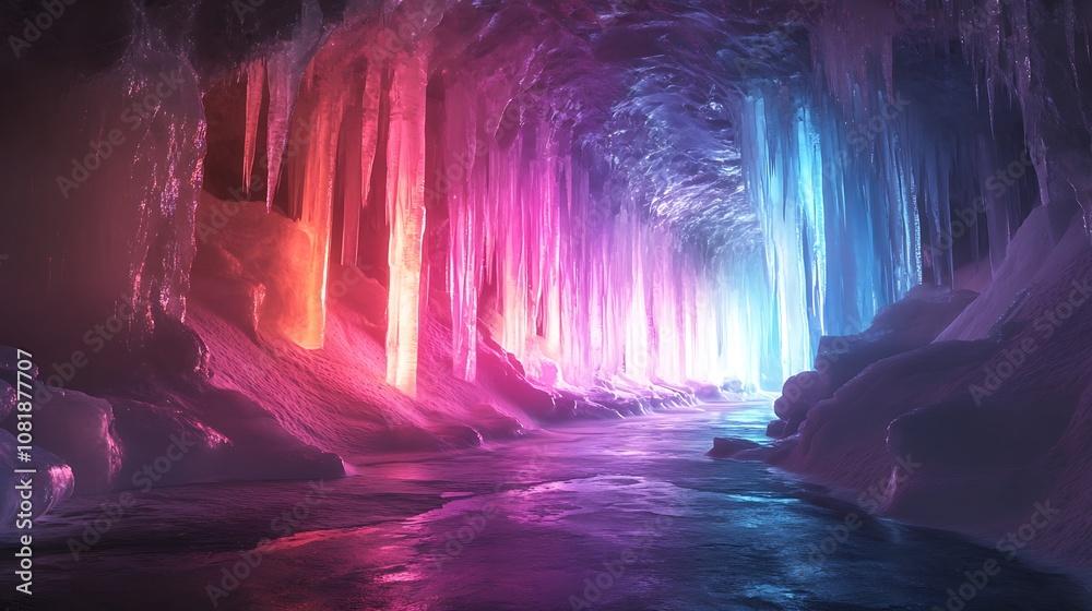 Obraz premium Enchanting ice cave interior with a rainbow light display, translucent walls casting a colorful glow, icicles reflecting the spectrum of light, mystical and serene, detailed ice textures,