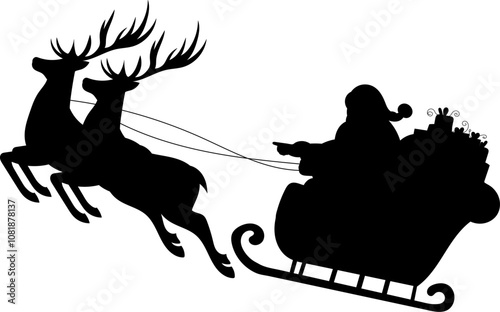 Santa flying on sleigh on white background silhouette, vector