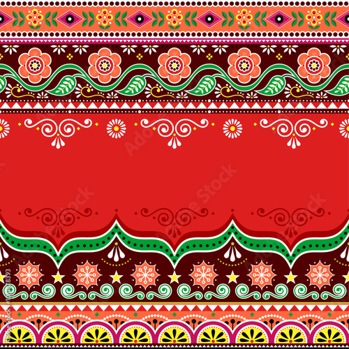 Pakistani or Indian truck art vector seamless template pattern with empty space for text vibrant floral Diwali design. Non AI generated