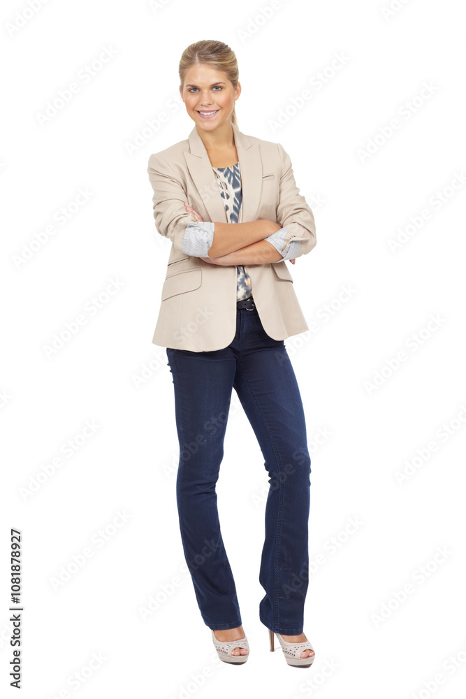 Portrait, arms folded and happy businesswoman in studio for career, creative or pride on white background space. Smile, professional entrepreneur and confident magazine editor working in Switzerland Portrait, arms folded and happy businesswoman in studio for career, creative or pride on white background space. Smile, professional entrepreneur and confident magazine editor working in Switzerland