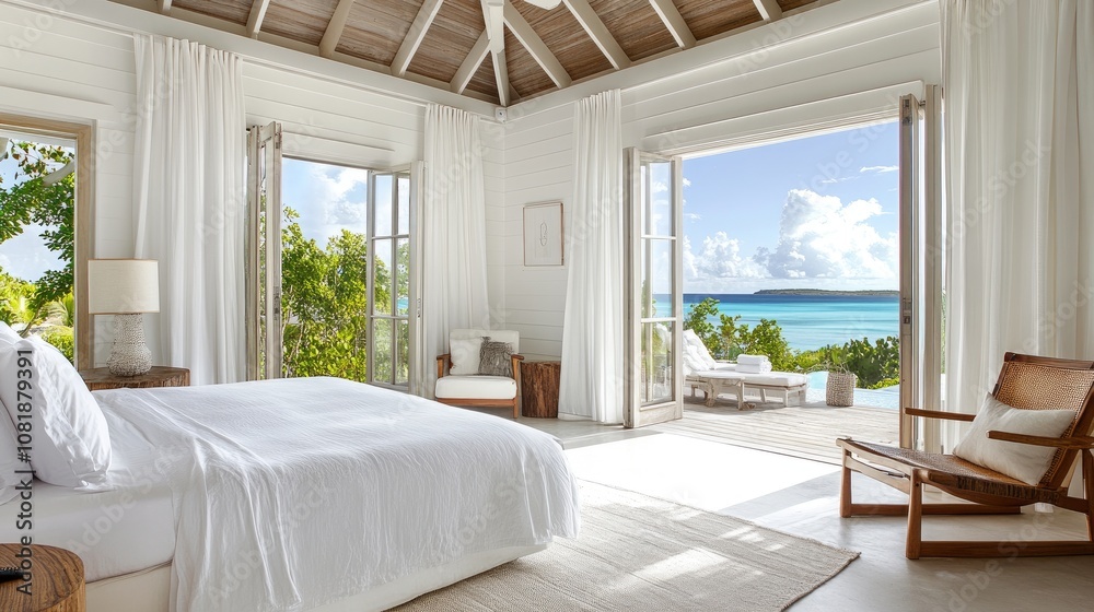 Serene Coastal Bedroom with Expansive Ocean View and Elegant White Decor, Inviting Natural Light and Tranquil Atmosphere in Tropical Paradise Retreat Serene Coastal Bedroom with Expansive Ocean View and Elegant White Decor, Inviting Natural Light and Tranquil Atmosphere in Tropical Paradise Retreat