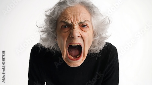 Portrait of an angry screaming old woman on white background