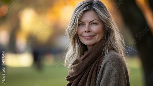 Smiling Woman with Long Hair Posing Outdoors in Autumn Park, Wearing Cozy Scarf and Sweater, Captured in Warm Natural Light with Colorful Background