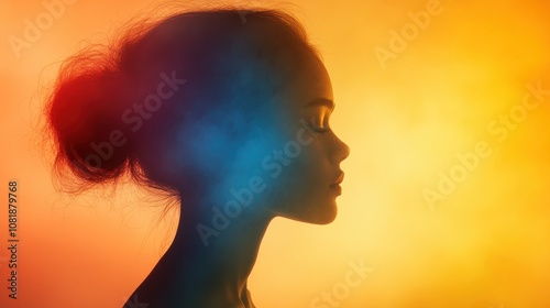 background, close up, focus on, copy space, vivid colors, double exposure silhouette with watercolor splashes