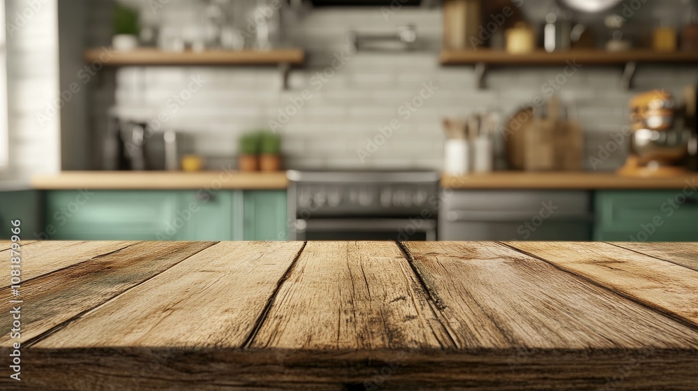 A rustic wooden countertop in a cozy kitchen setting, featuring decorative shelves and a modern stove in the background. A rustic wooden countertop in a cozy kitchen setting, featuring decorative shelves and a modern stove in the background.