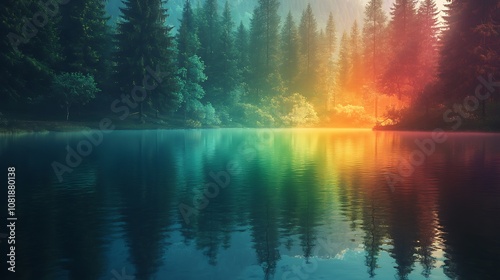 Rainbow colors mirrored on the glassy surface of a tranquil lake, surrounded by tall pine trees, sunlight creating a soft glow, peaceful and calm atmosphere, vivid and bright, photorealistic quality,