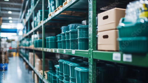 Warehouse storage with neatly organized green plastic buckets on shelves