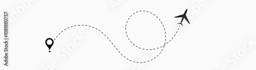  plane flight route. Airplane travel concept, symbol on isolated background.