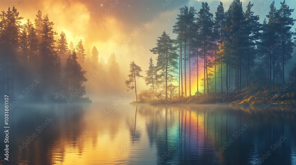 Rainbow light reflecting on the still waters of a tranquil lake, surrounded by towering pine trees, sunlight filtering through the branches, serene and magical atmosphere, photorealistic, Rainbow light reflecting on the still waters of a tranquil lake, surrounded by towering pine trees, sunlight filtering through the branches, serene and magical atmosphere, photorealistic,