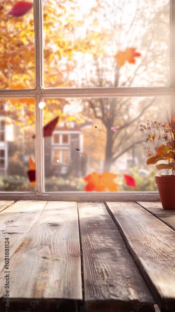 Cozy Autumn View Through Sunny Window with Wooden Table. Background. Seamless looping motion design. Video animation. A warm autumn scene with sunlight streaming through a window, highlighting a Cozy Autumn View Through Sunny Window with Wooden Table. Background. Seamless looping motion design. Video animation. A warm autumn scene with sunlight streaming through a window, highlighting a
