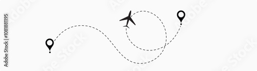  plane flight route. Airplane travel concept, symbol on isolated background.