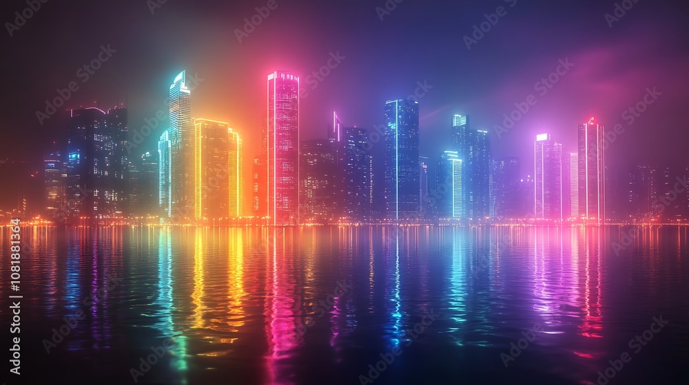 Rainbow neon lights illuminating a futuristic city at night, sleek skyscrapers glowing with colorful hues, mist floating through the streets, reflections creating a vivid display, lively and bustling, Rainbow neon lights illuminating a futuristic city at night, sleek skyscrapers glowing with colorful hues, mist floating through the streets, reflections creating a vivid display, lively and bustling,