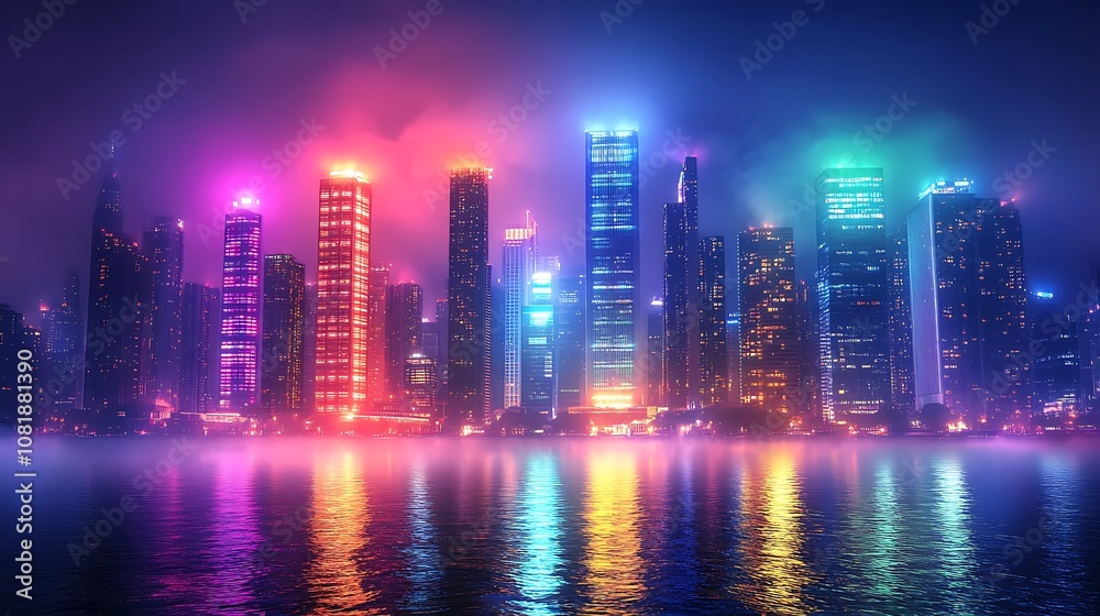 Obraz premium Rainbow neon lights illuminating a futuristic city at night, sleek skyscrapers glowing with colorful hues, mist floating through the streets, reflections creating a vivid display, lively and bustling,