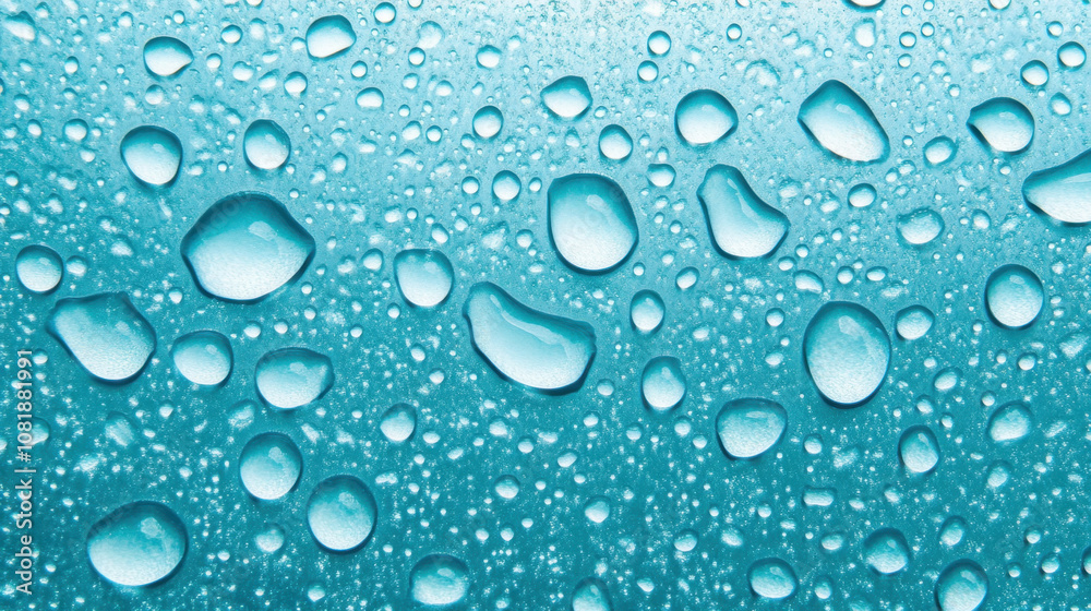 close up of water droplets on smooth surface creates refreshing and tranquil atmosphere. vibrant turquoise background enhances beauty of droplets, evoking sense of calmness and clarity close up of water droplets on smooth surface creates refreshing and tranquil atmosphere. vibrant turquoise background enhances beauty of droplets, evoking sense of calmness and clarity