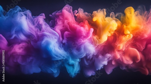 Rainbow-colored smoke billowing and swirling into abstract shapes, floating gracefully against a dark black canvas, vibrant hues and soft light, ethereal and magical, photorealistic quality,