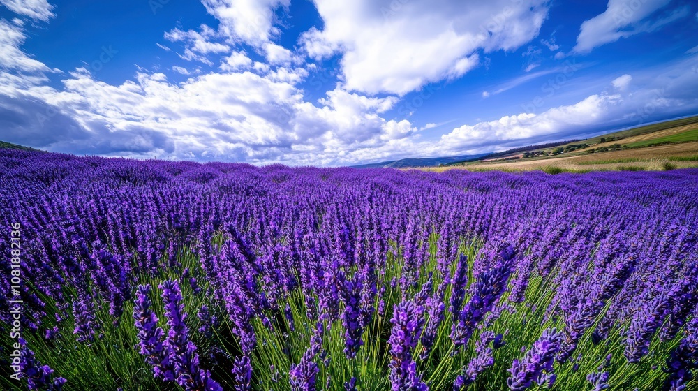 Fototapeta premium A Vibrant Purple Lavender Field Under a Blue Sky with White Clouds