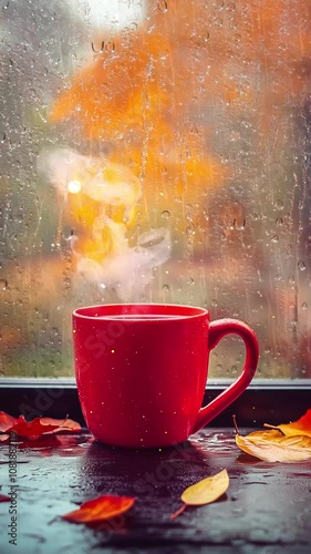Cozy Red Mug on Rainy Autumn Day by Window. Background. Seamless looping motion design. Video animation. A red mug sits by a rain-streaked window, surrounded by autumn leaves. The scene evokes warmth