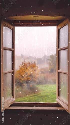 Serene Autumn Landscape Viewed Through Rustic Open Window. Background. Seamless looping motion design. Video animation. A tranquil autumn scene depicting a lone tree with orange foliage seen through a