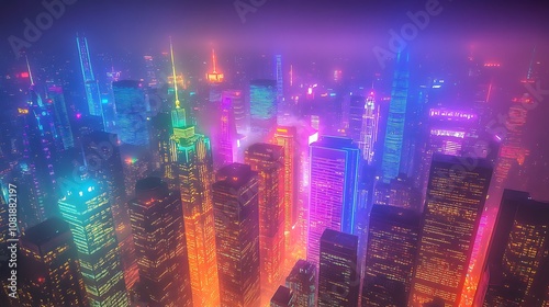 Rainbow-hued neon lights shining brightly across a futuristic urban landscape, skyscrapers lit up in vibrant colors, misty air creating a magical glow, dynamic and bustling scene,