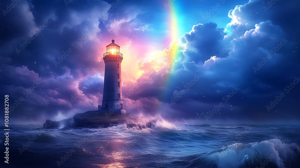 Stormy sky with a rainbow arcing behind a lighthouse, the sea turbulent below, vivid colors of the rainbow against the dark clouds, dramatic and atmospheric, photorealistic quality, cinematic hdr, Stormy sky with a rainbow arcing behind a lighthouse, the sea turbulent below, vivid colors of the rainbow against the dark clouds, dramatic and atmospheric, photorealistic quality, cinematic hdr,