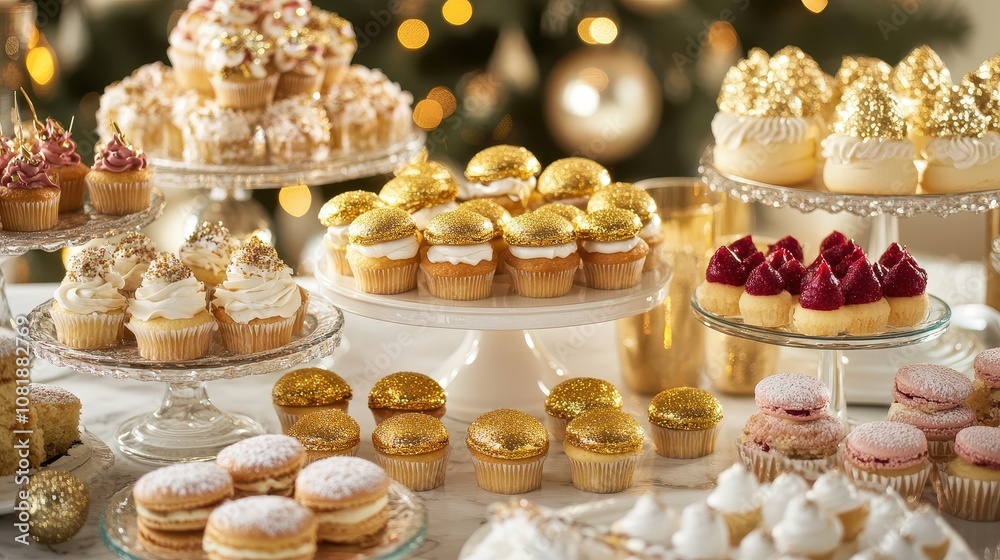 Exquisite Dessert Table Filled with Mini Pastries Showcasing Golden Macaroons and Delightful Treats Surrounded by Festive Decor and Sparkling Lights Exquisite Dessert Table Filled with Mini Pastries Showcasing Golden Macaroons and Delightful Treats Surrounded by Festive Decor and Sparkling Lights
