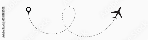  plane flight route. Airplane travel concept, symbol on isolated background.