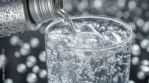 Refreshing Carbonated Water Being Poured Into a Clear Glass with Bubbles and Sparkling Effect in a Soft Focus Background, Ideal for Beverage Ads and Health Promotion photo