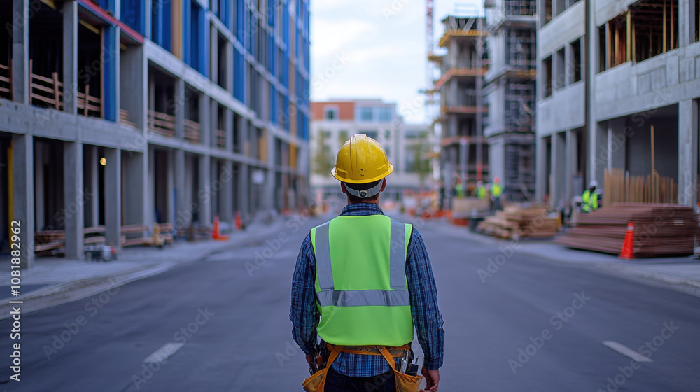 construction worker wearing yellow helmet and reflective vest stands on construction site, observing ongoing work. scene conveys sense of diligence and progress construction worker wearing yellow helmet and reflective vest stands on construction site, observing ongoing work. scene conveys sense of diligence and progress