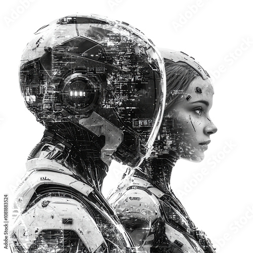 Futuristic robots showcasing advanced artificial intelligence concepts and human-like features in a digital setting. isolate on white background