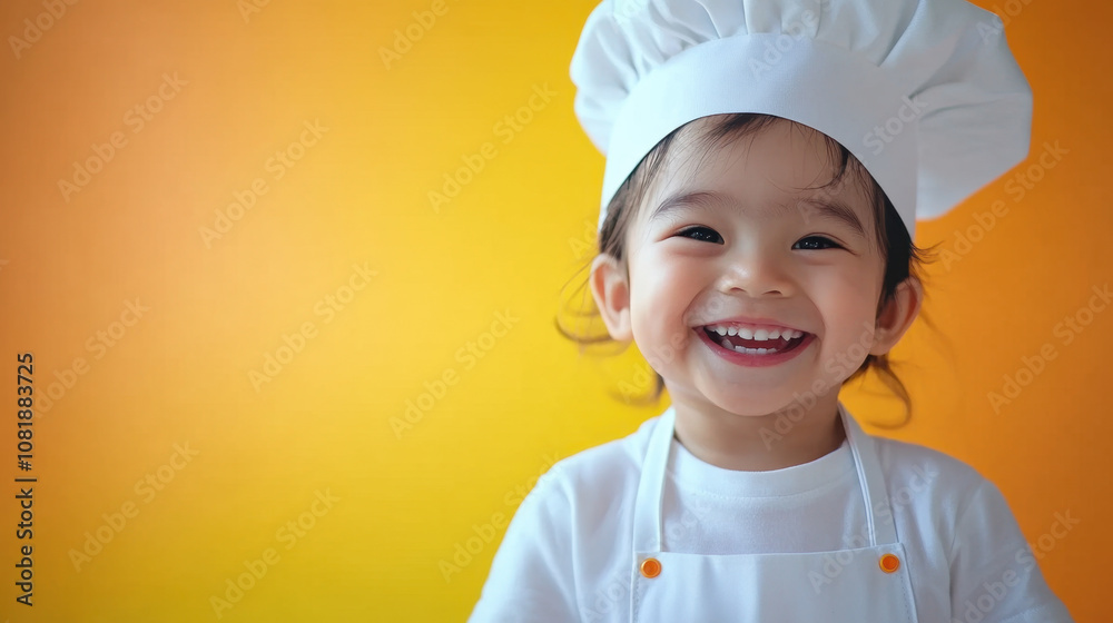cheerful child wearing chefs hat and apron, smiling brightly against vibrant yellow background, radiating joy and enthusiasm for cooking cheerful child wearing chefs hat and apron, smiling brightly against vibrant yellow background, radiating joy and enthusiasm for cooking