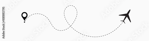  plane flight route. Airplane travel concept, symbol on isolated background.